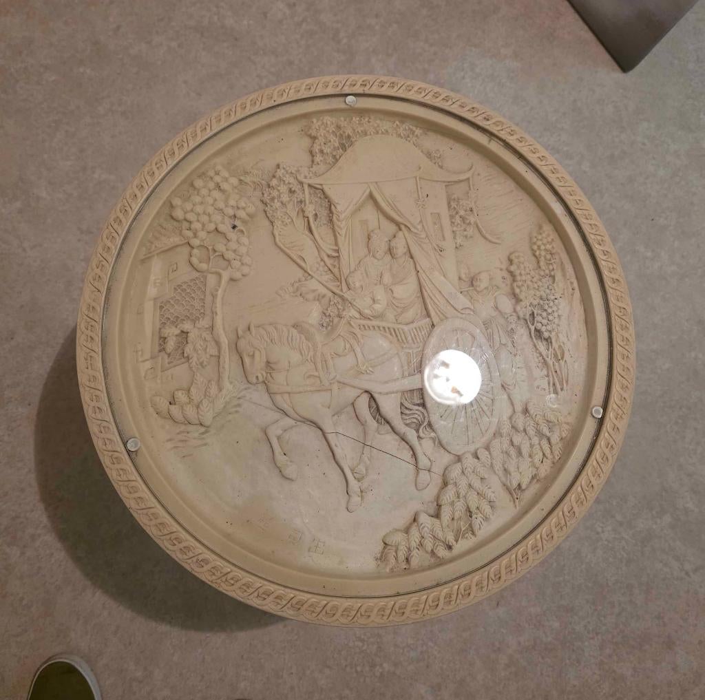 Vintage Chinese opiumtafel van imitatie ivoor, Huis en Inrichting, Overige materialen, Minder dan 55 cm, Gebruikt, Rond