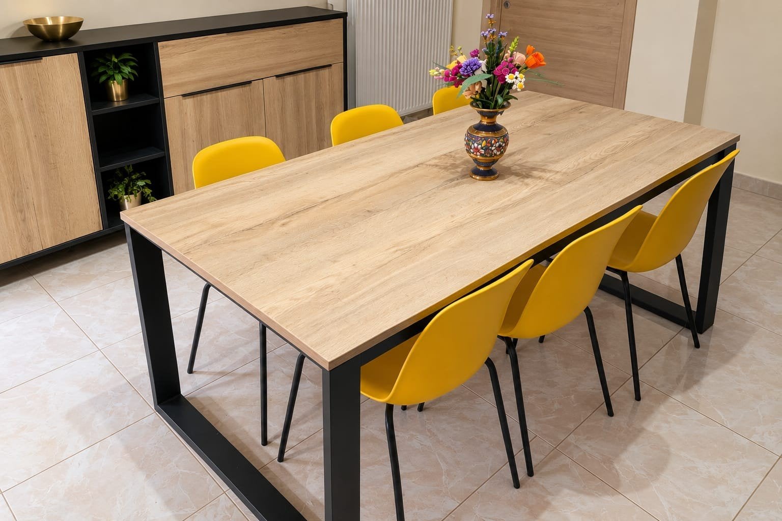 moderne tafel met 6 gele stoelen, Cinq personnes ou plus, Enlèvement, Utilisé, Rectangulaire