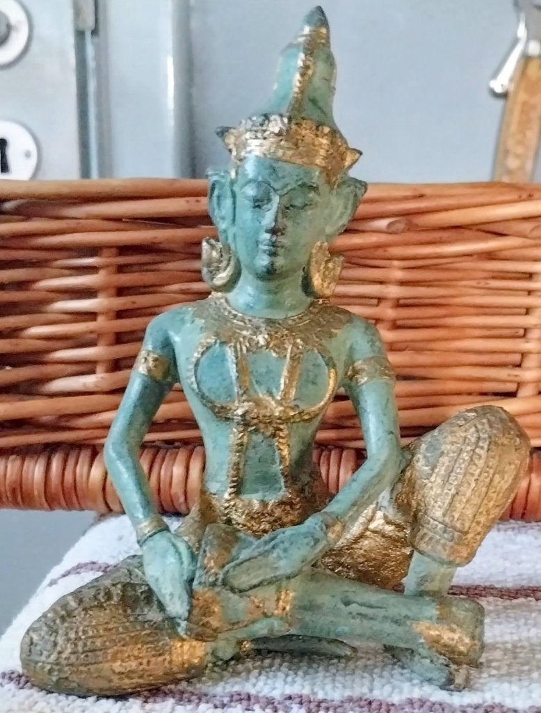 Oude Tempelwachter Thailand,Muziekant,brons Boeddha,Buddha,,, 15 cm, Ophalen of Verzenden, Zo goed als nieuw, Goud