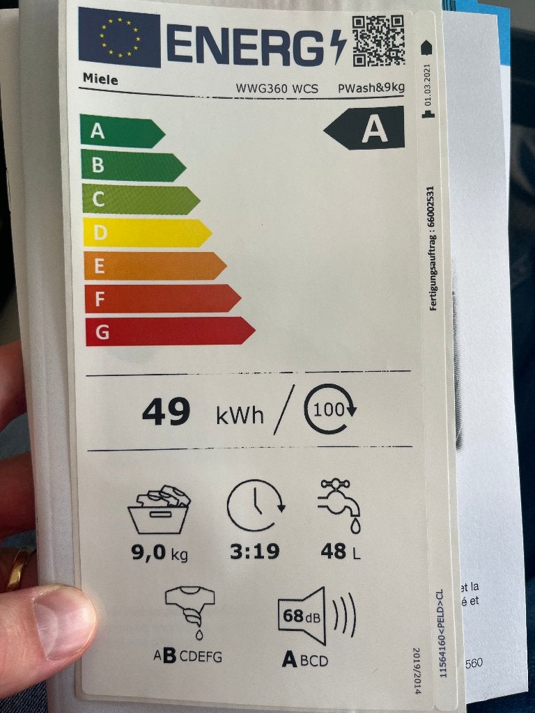 Lave-Linge Miele, 9kg, 1200 à 1600 tours, Classe énergétique A ou plus économe, 85 à 90 cm, Chargeur frontal