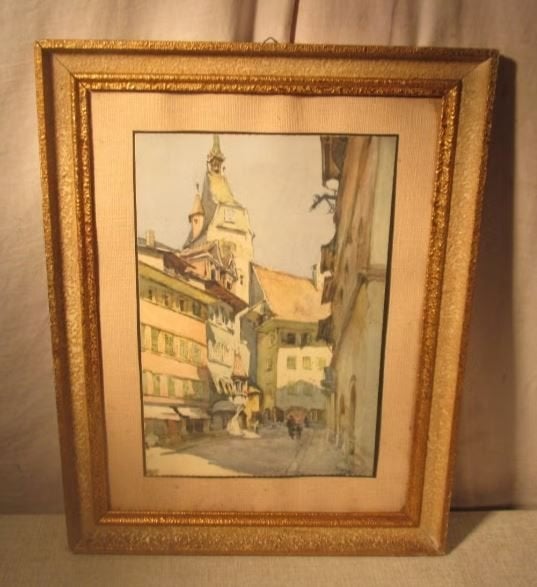 Belle aquarelle peinte à l'ancienne « Dans la ville » - Marc, Antiquités & Art, Enlèvement ou Envoi, Aquarelle, Encadré, Paysage urbain / rural