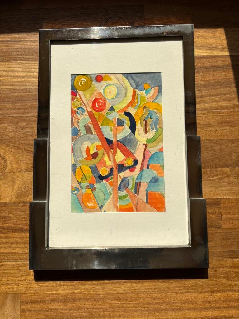 Abstracte aquarel in verzilverde art deco kader, Antiek en Kunst, Ophalen