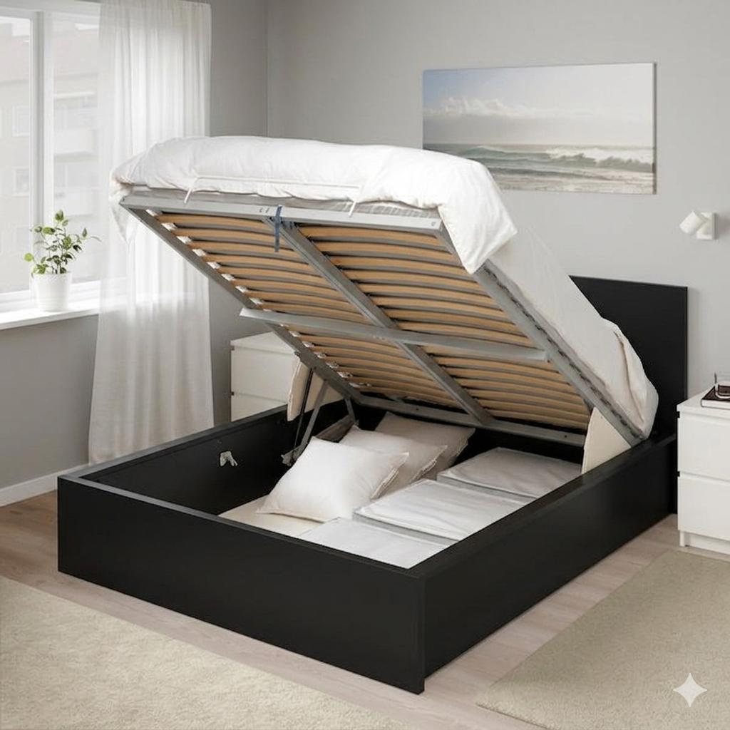 Tweepersoonsbed 160x200 met bergruimte en dikke matras, Ophalen, Zwart, Tweepersoons, Zo goed als nieuw