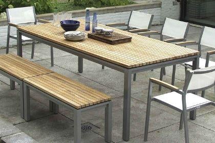 tafel tuin teak 220x100 alu poten onderstel demonteerbaar, Eettafel, Teakhout, Nieuw, Ophalen of Verzenden