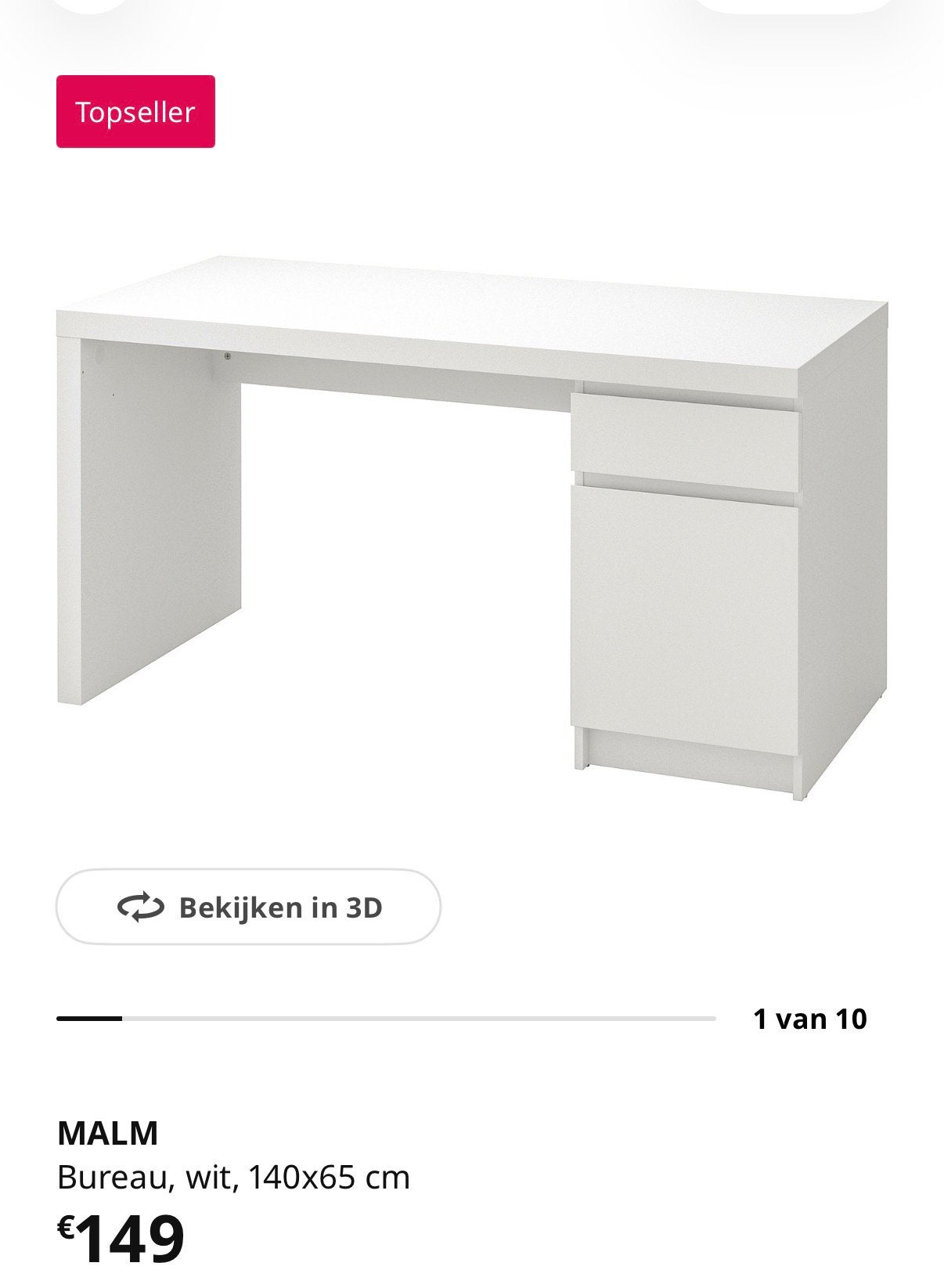 Ikea witte bureau van Malm te koop met kast en lade., Ophalen, Zo goed als nieuw, IKEA
