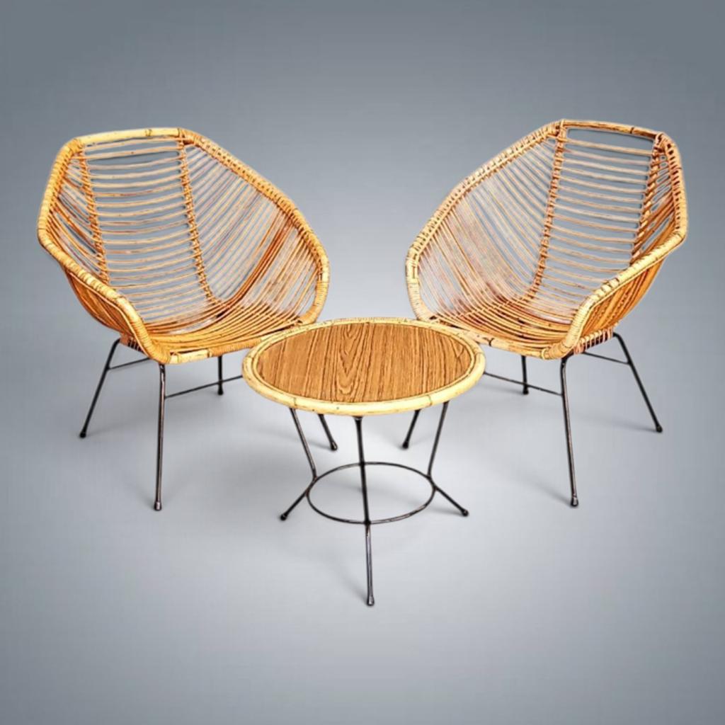 Chaises et table vintage bambou rotin métal laqué noir 1960', Antiquités & Art, Enlèvement