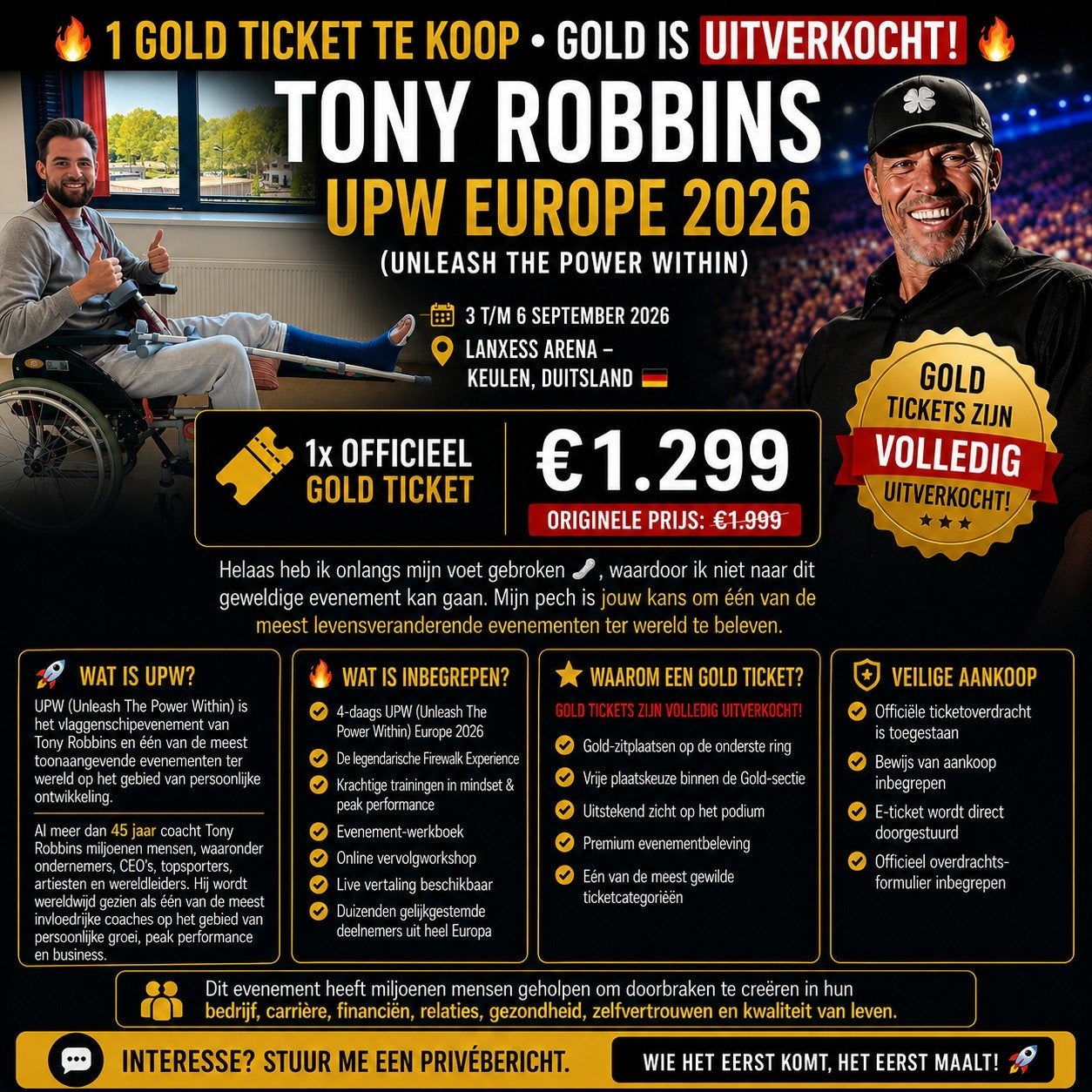 Tony Robbins UPW Cologne DE du 3 au 6 septembre 2026 — 1 bil, Tickets & Billets, Une personne, Plusieurs jours