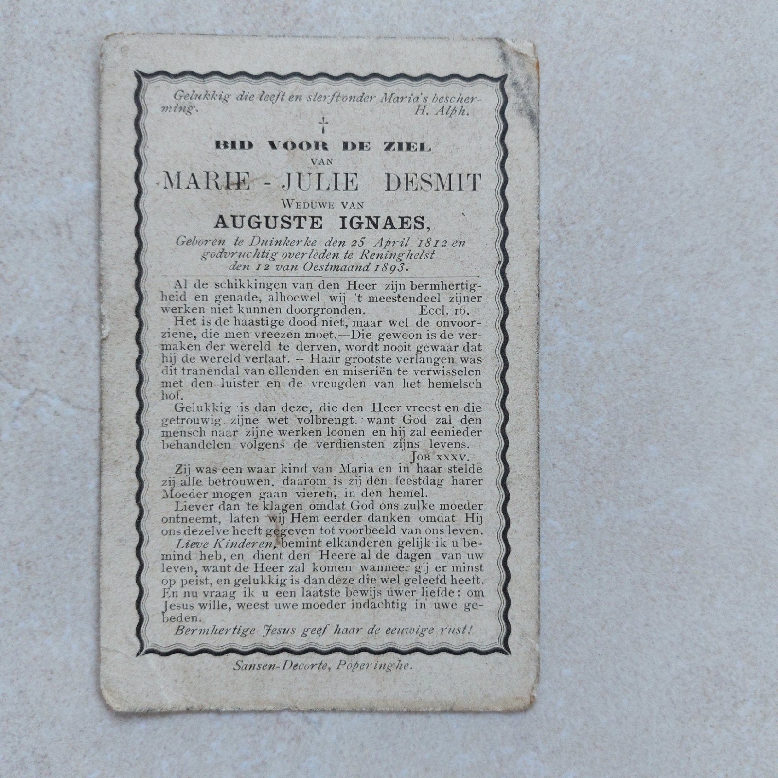 Oud bidprentje Duinkerke-Reningelst 1893, Enlèvement ou Envoi, Image pieuse