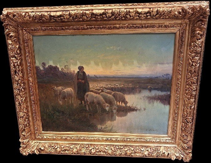 Bergère avec son troupeau de moutons Henri Derians, Peinture à l'huile, Signé, Enlèvement, Animaux