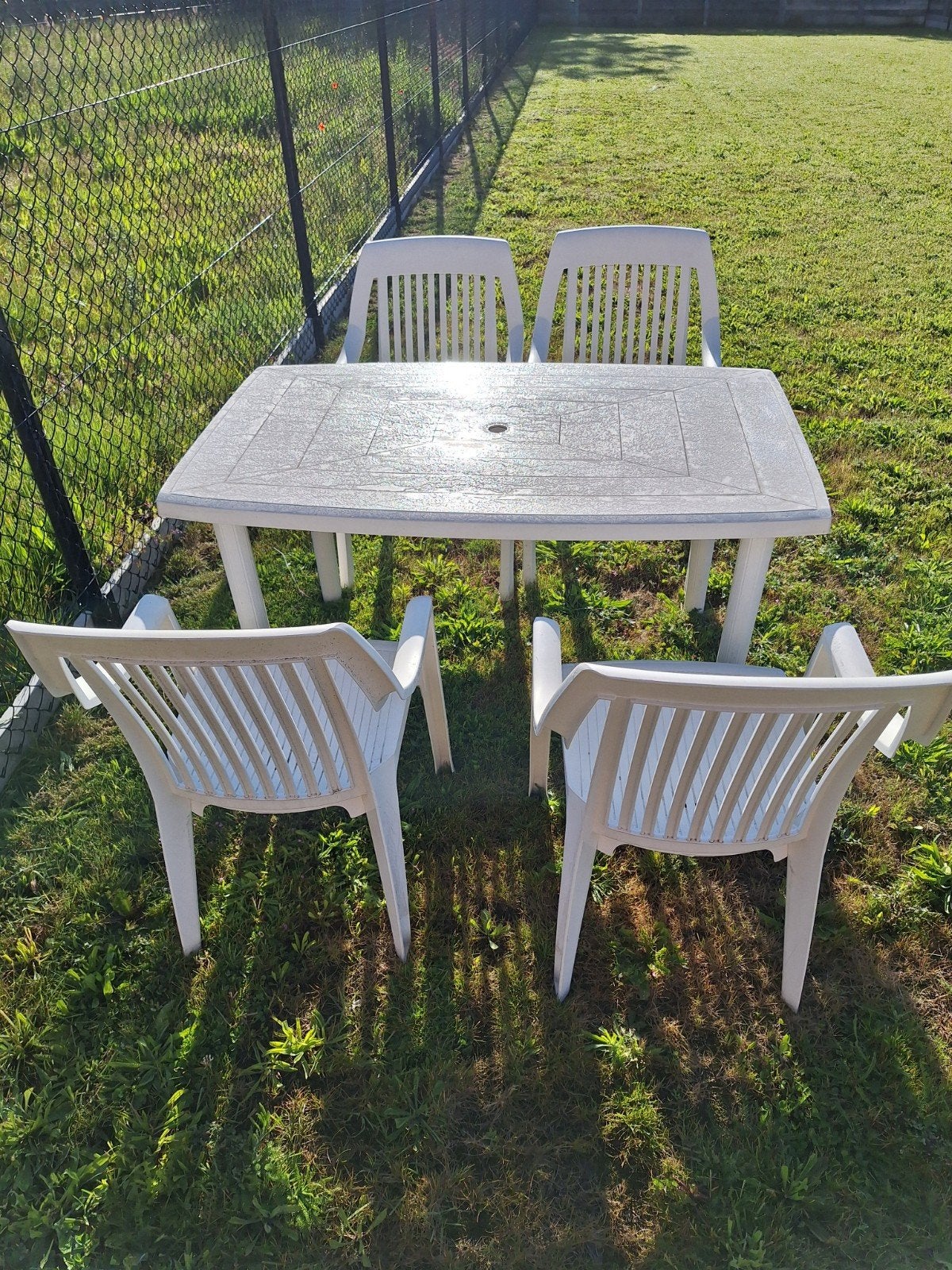 Plastic Tuintafel Set met 4 stoelen, Tuin en Terras, Ophalen, Gebruikt, Rechthoekig, Plastic