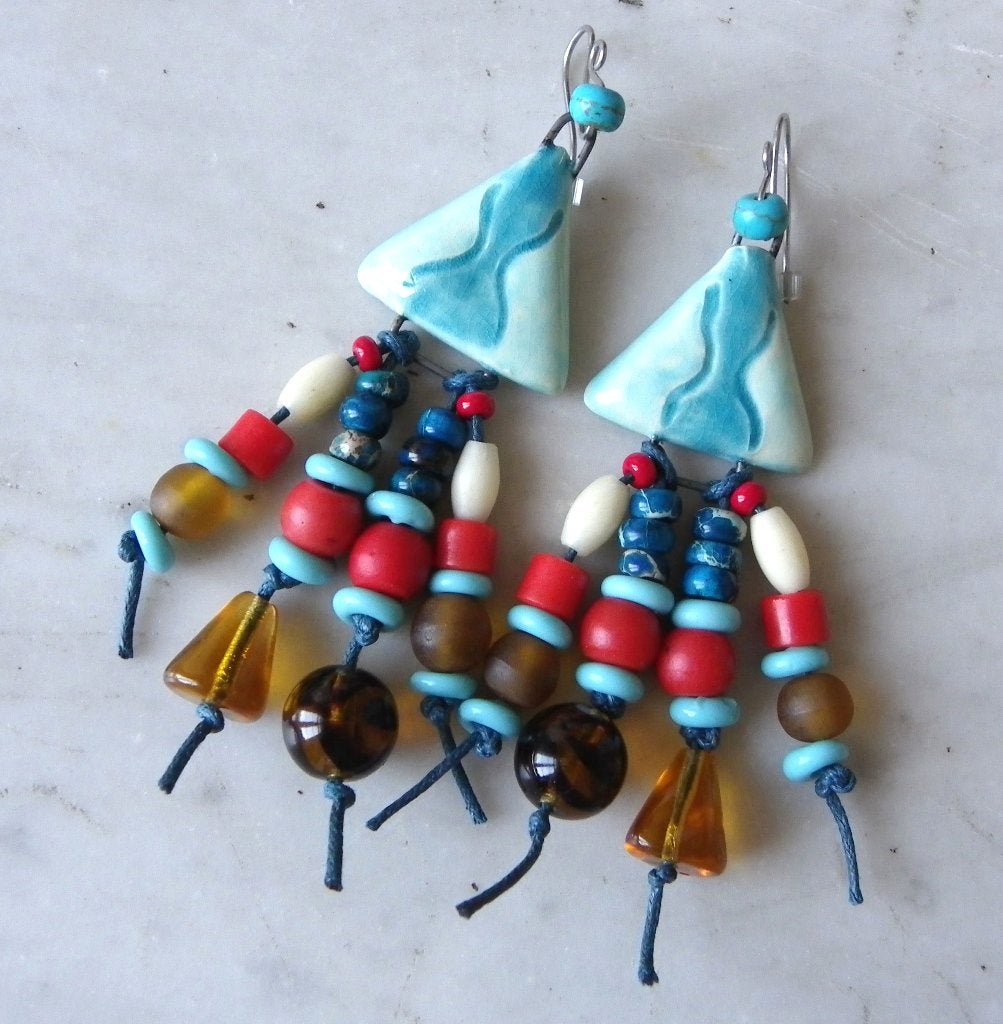 Boucles d'oreilles neuves turquoises céramiques artisanales, Bijoux, Sacs & Beauté, Neuf, Enlèvement ou Envoi, Bleu, Pendantes