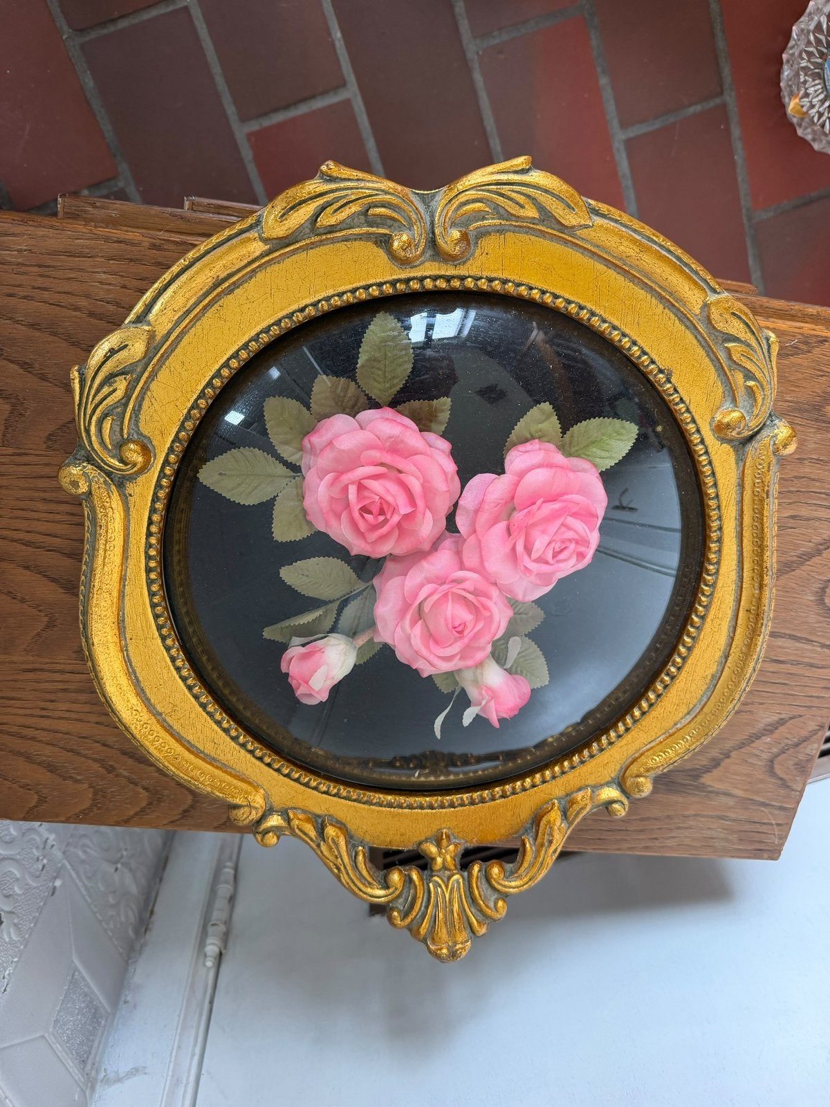 Décoration murale 3D vintage en verre sphérique cadre doré, Rose, Enlèvement ou Envoi, Vintage, Tableau