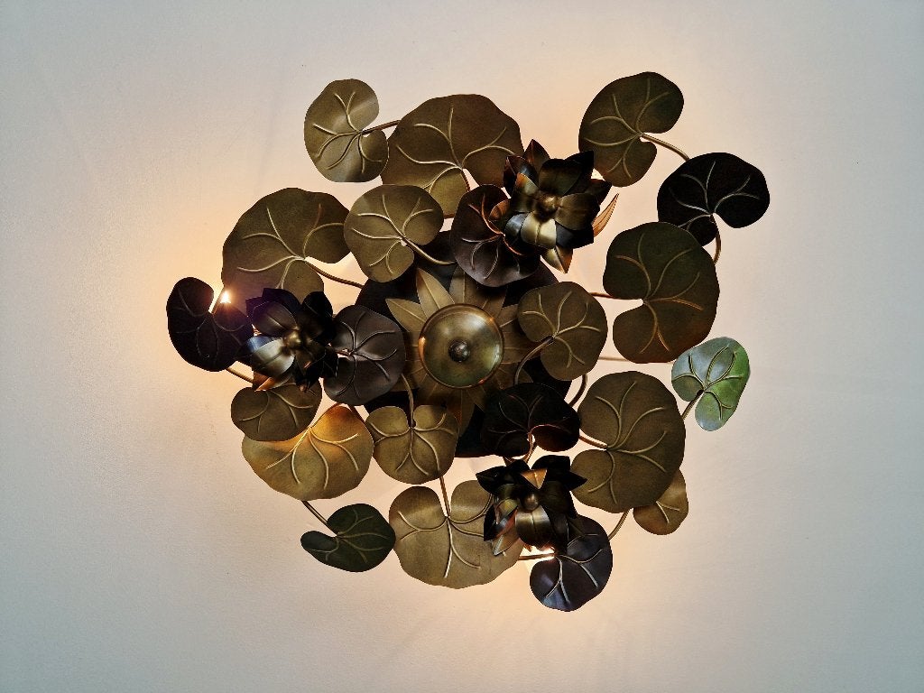 Hollywood Regency koperen plafondlamp met bloemen, 1970-80, Antiek en Kunst, Antiek | Verlichting, Ophalen of Verzenden