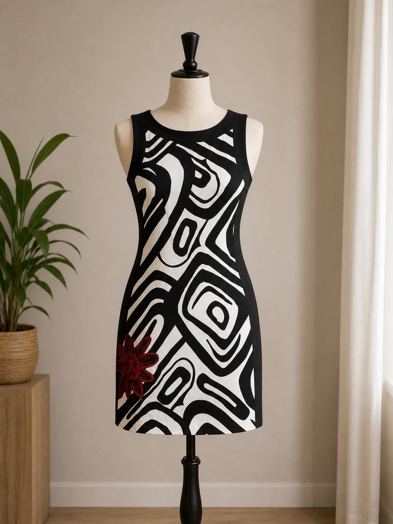 Robe Desigual noir &blanc graphique doublure rouge originale, Rouge, Comme neuf, Enlèvement, Au-dessus du genou