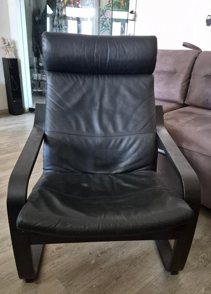 IKEA Poäng relaxzetel - Zwart leer / donker hout, Ophalen, Leer