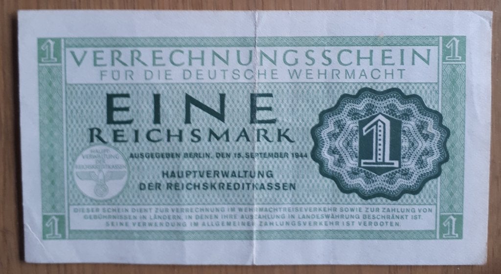 BANKBILJET EINE REICHSMARK 15/9/1944 P M3 WEHRMACHT, Postzegels en Munten, Ophalen of Verzenden, Duitsland, Los biljet