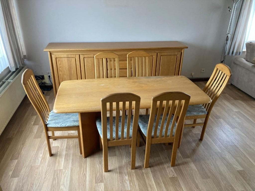 eiken eetkamer – complete set + salontafel, Huis en Inrichting, Complete eetkamers, Ophalen, Gebruikt, Vlaams - landelijk, 4 tot 6 stoelen