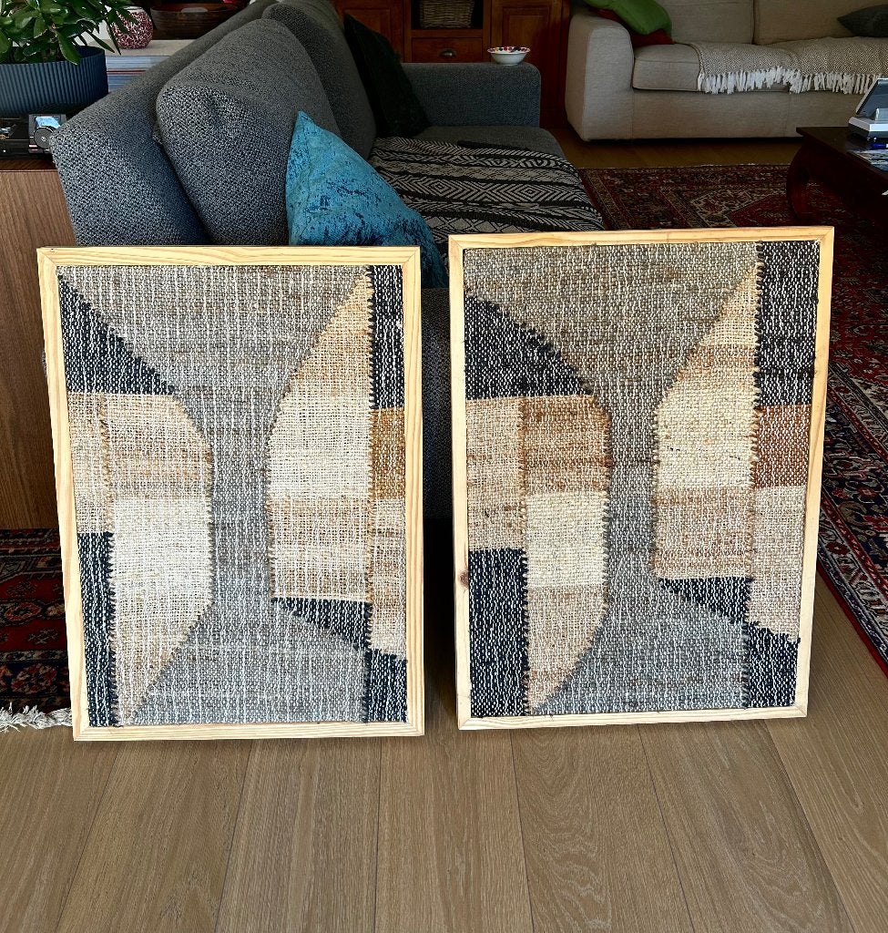 2 cadres mur en bois et tissus laine, Comme neuf, Enlèvement, Bois, 50 cm
