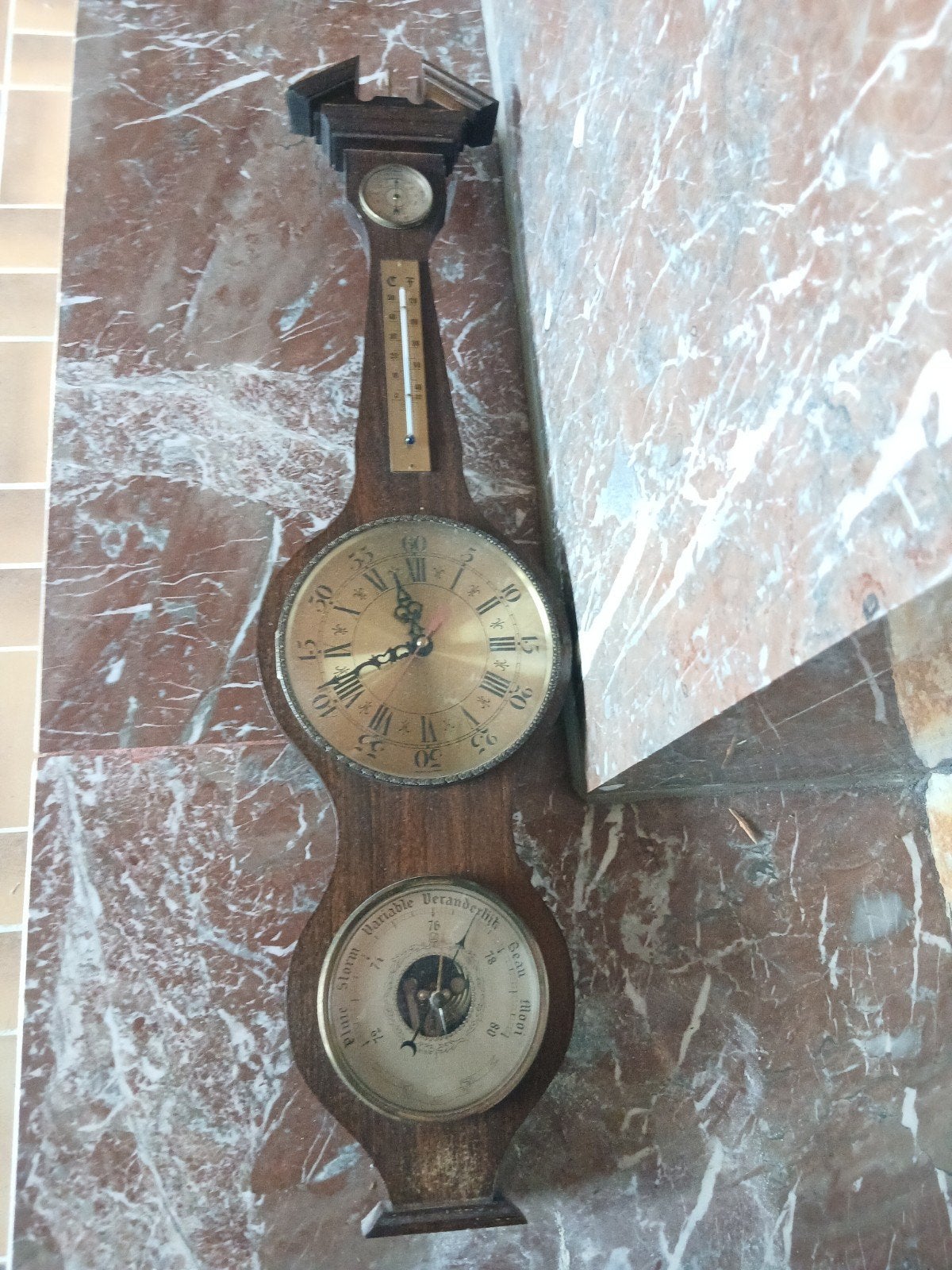 Klassiek houten weerstation / banjobarometer met klok – 77 c, Ophalen, Weerstation