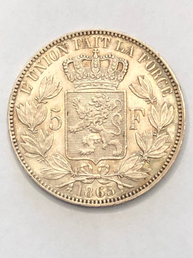 Munt zilver België 5 FR Leop I blootshoofd jaar 1865, Postzegels en Munten, Zilver, Ophalen of Verzenden, Losse munt, Zilver