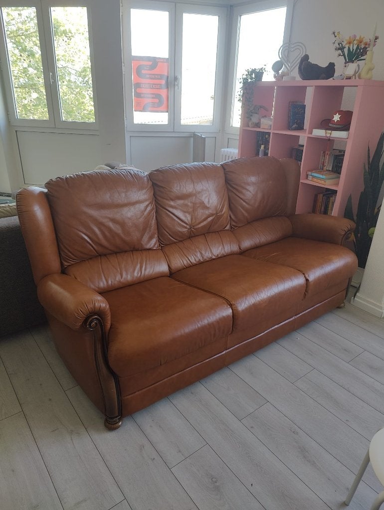 Zetel, Huis en Inrichting, Ophalen, Gebruikt, 150 tot 200 cm, Bruin leer, authentiek