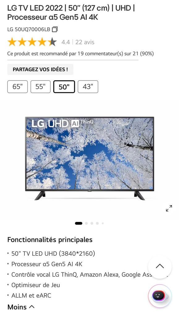 LG TV LED 2022 | 50'' (127cm)| UHD |Processeur α5 Gen5 AI 4K, Enlèvement ou Envoi, Comme neuf, LED, LG