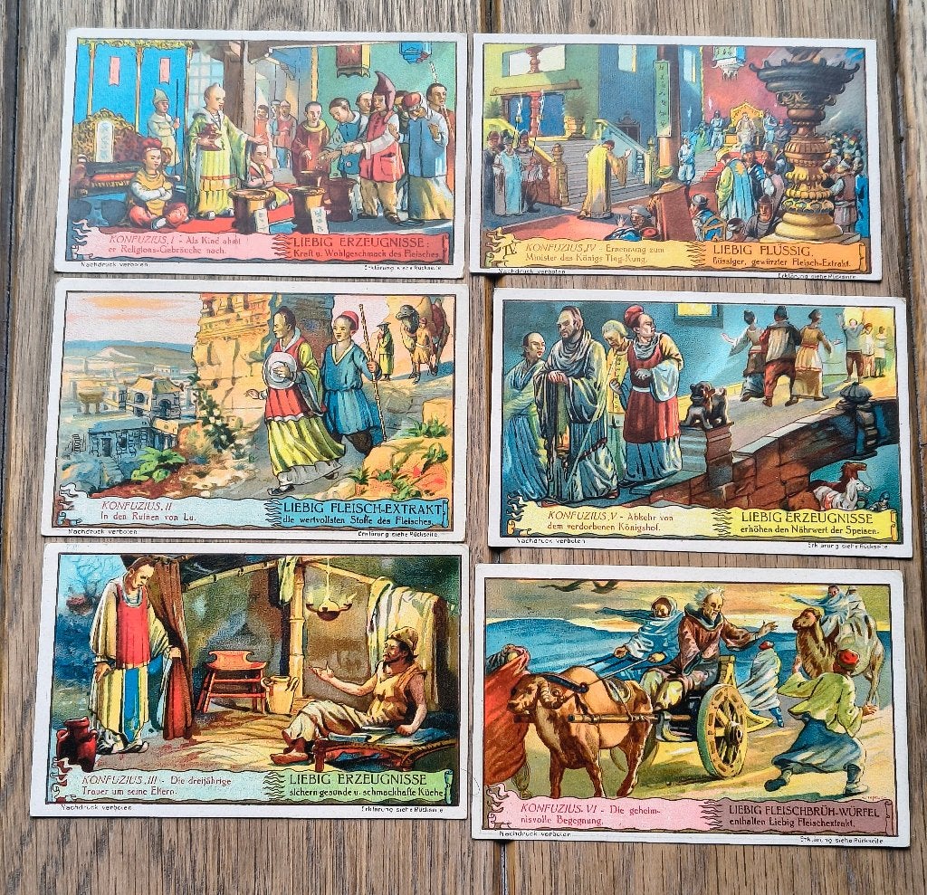 Liebig Prenten 1930 complete serie – Leven van Confucius, Verzamelen, Gebruikt, Ophalen of Verzenden, Voor 1940, Prent