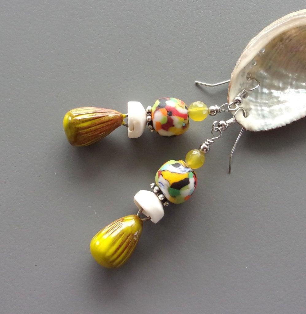 Oorbellen van keramiek, agaat en schelp, Hangers, Nieuw, Ophalen of Verzenden, Glas