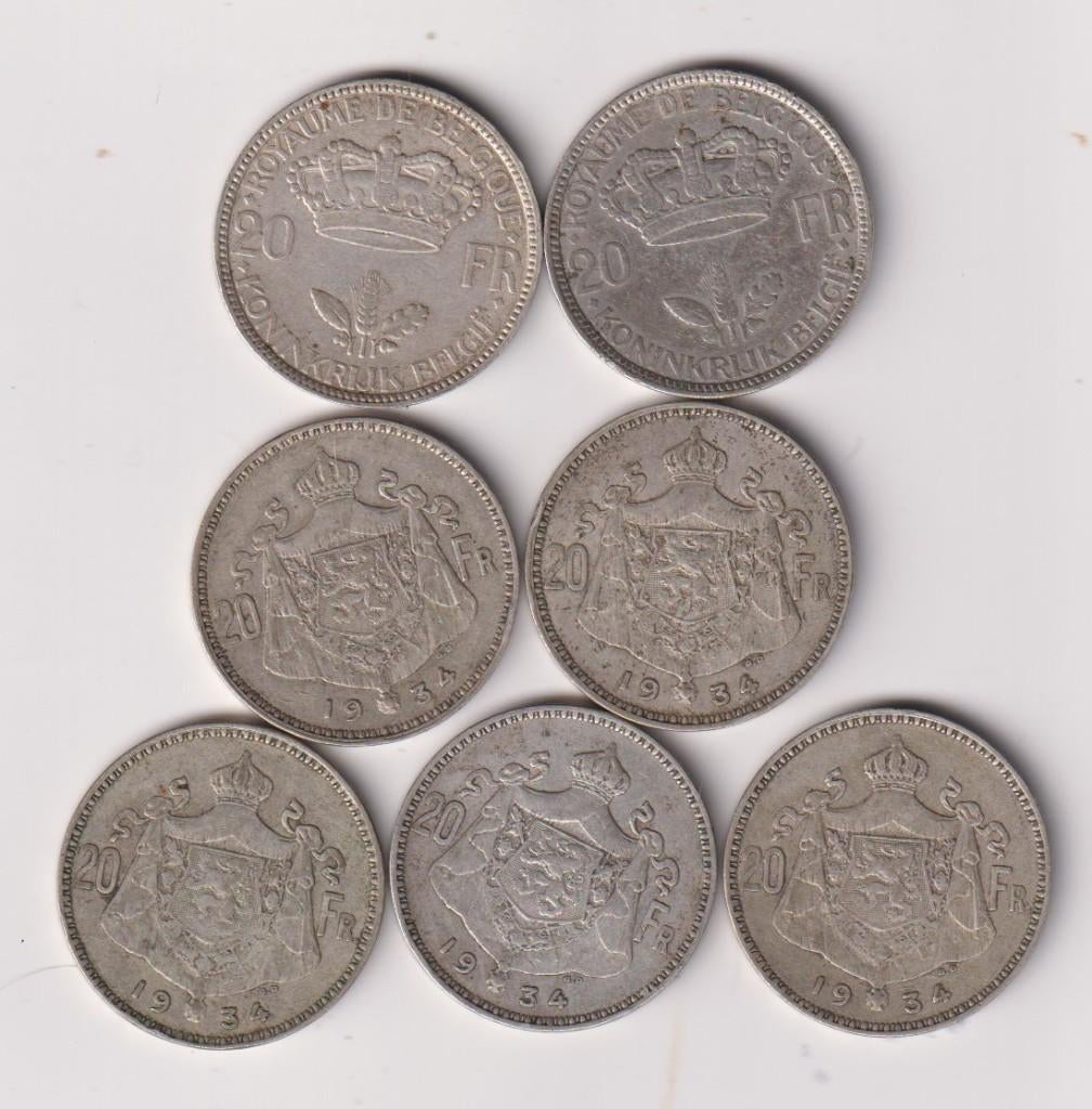 7 x20 Francs argent 680/1000 5 x Albert I et 2 x Léopold III, Enlèvement ou Envoi, Monnaie en vrac, Argent, Argent