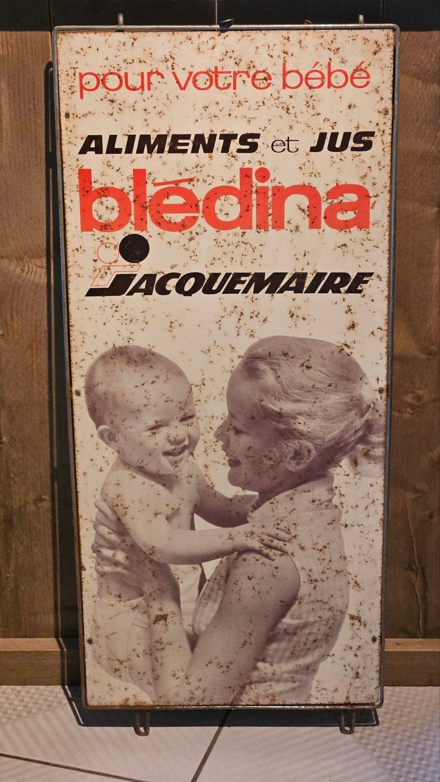 Tôle pub vintage Blédina Jacquemaire années 50 support, Collections, Enlèvement ou Envoi, Utilisé, Panneau publicitaire