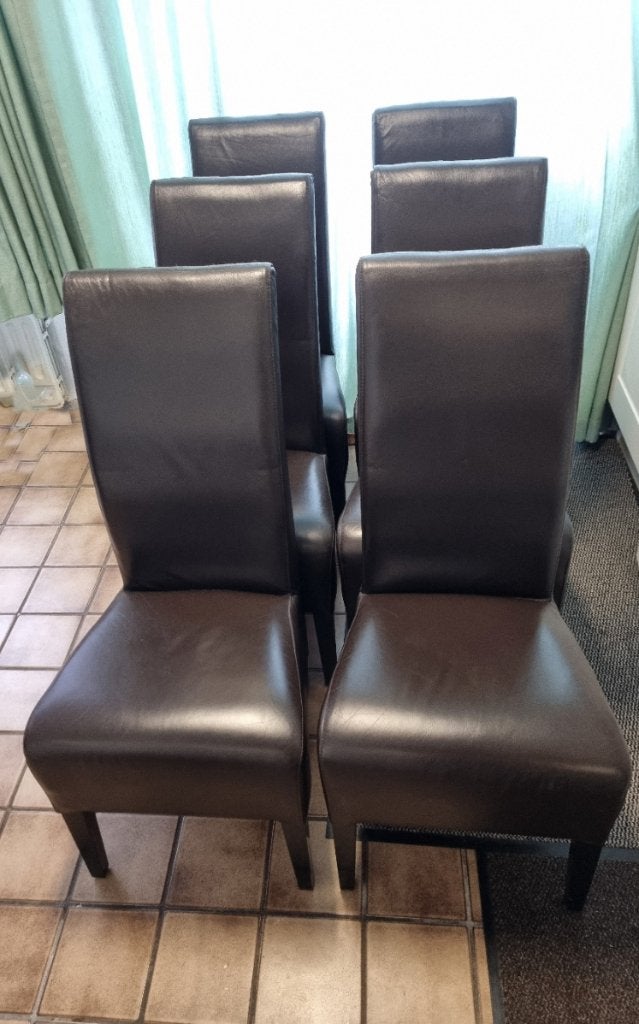 Te koop, 6 leren eetkamer stoelen, Zie foto’s, Brun, Enlèvement, Bois