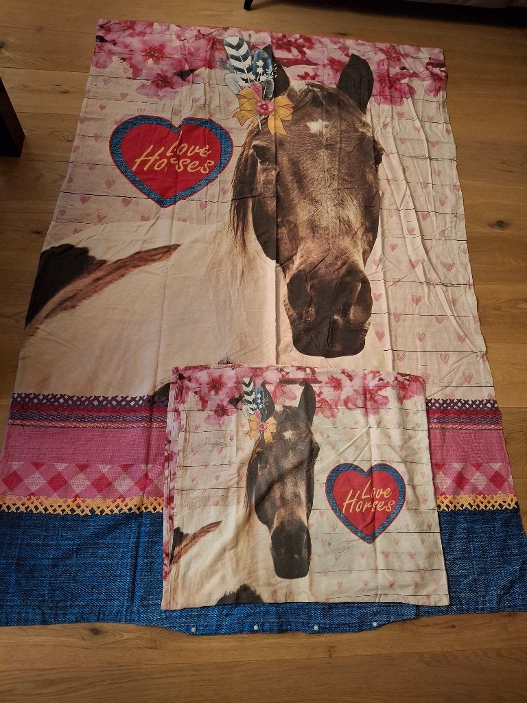 Katoenen dekbedovertrek paarden mooie en goede staat 1 pers, Kinderen en Baby's, Ophalen, Zo goed als nieuw, Dekbedovertrek