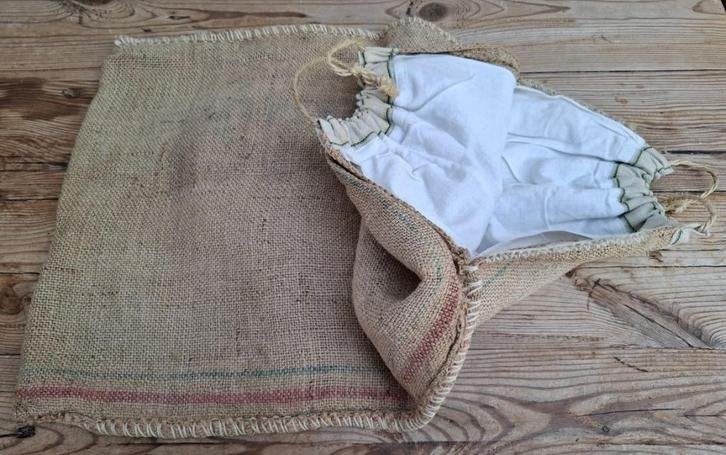 Franse brocante jute stokbrood zak met katoenen binnenzak, Antiek en Kunst, Ophalen of Verzenden