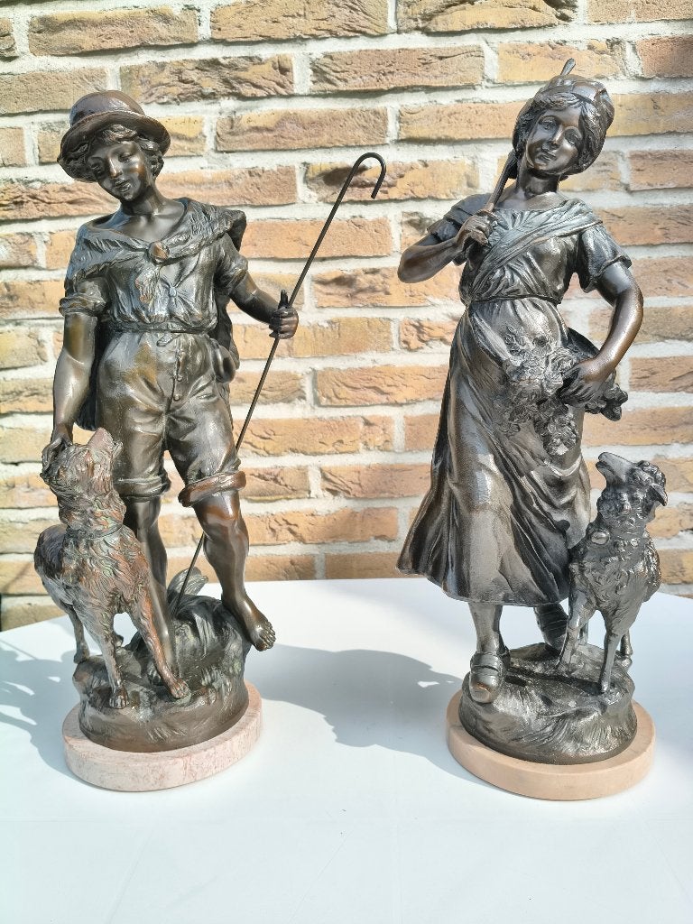 Sculptures L&F Moreau, Statue, Brun, Art nouveau, Marqué