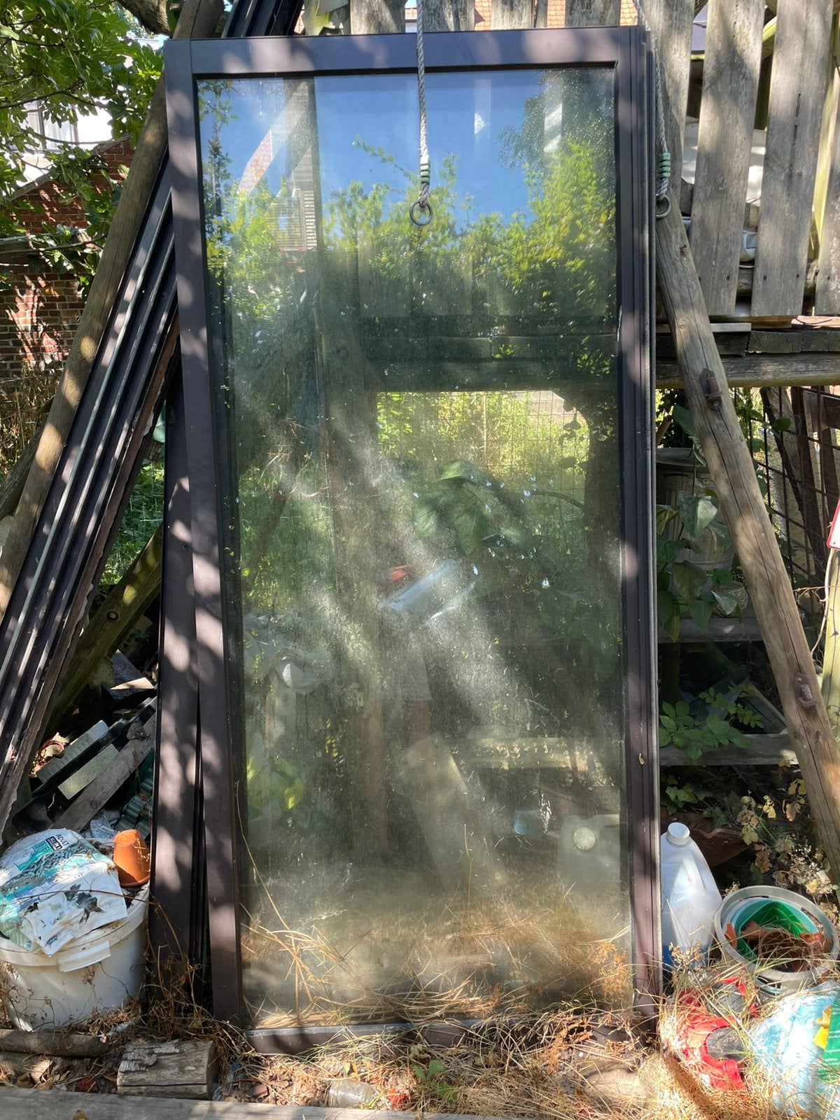Schuifraam en rails, Gebruikt, 150 tot 225 cm, Metaal, Inclusief glas