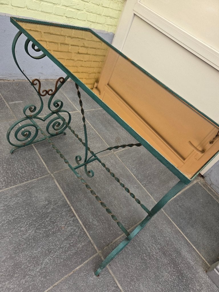 Table en fer forgé avec plateau en miroir, Maison & Meubles, Comme neuf, Enlèvement, Métal ou Aluminium, 75 cm ou plus