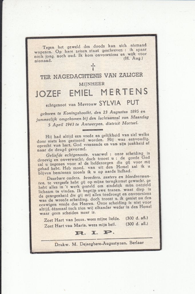 Slachtoffer WO II - Koningshooikt - Mortsel 1943 luchtaanval, Verzamelen, Bidprentjes en Rouwkaarten, Verzenden, Bidprentje