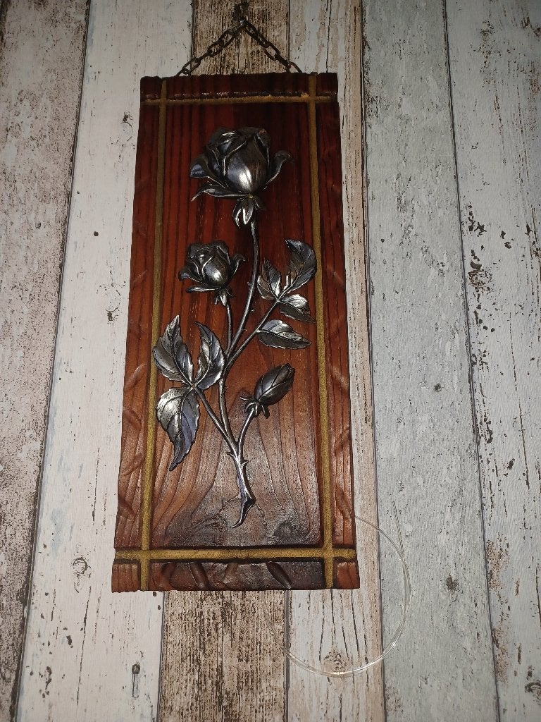 Vintage Houten Wandpaneel met Metalen Roos, Verzenden, Hout, Vintage, Decoratieobject
