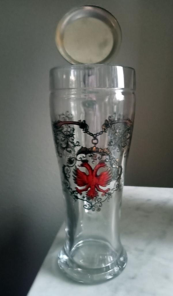 Antieke Glazen Zwitserse Zinn Bierpul met tinnen deksel., Verzamelen, Biermerken, Ophalen of Verzenden, Zo goed als nieuw