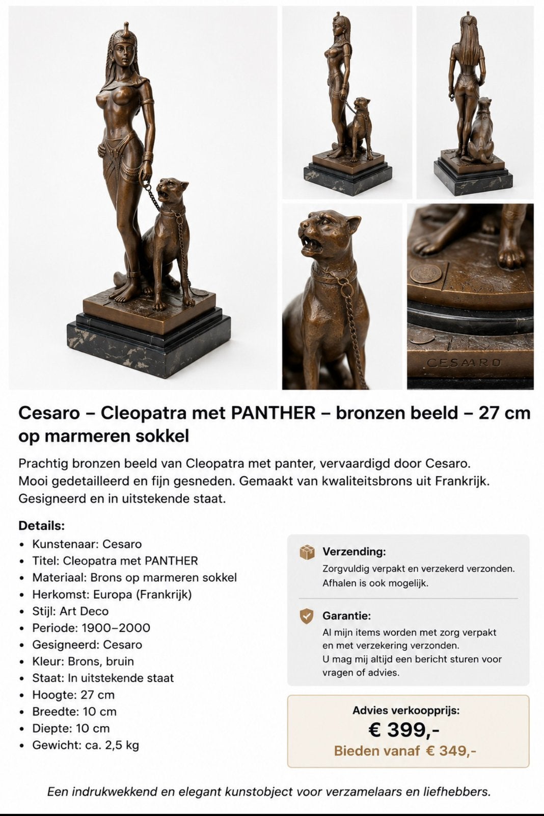 Cesaro Cleopatra met Panter Bronzen Beeld 27 cm, Ophalen, Art deco, Beeld, Gepatineerd