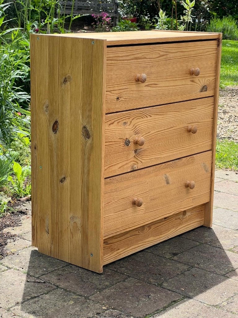 Vintage Grenen Ladekast / Ladenkast – Compact & Sfeervol, Ophalen, Minder dan 50 cm, Grenenhout, 3 of 4 laden