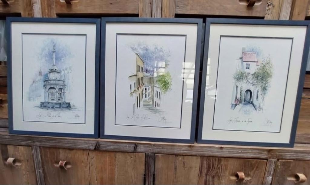 150€/3 aquarelles de Liège 43×53 par Suzanne Müller, Ophalen