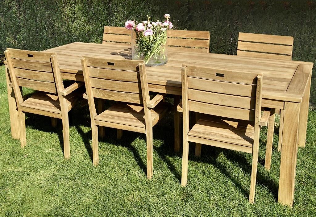 Nieuw: teak bloktafel + 6 design stoel in teak, Nieuw, Ophalen of Verzenden, Tuinset, Hout