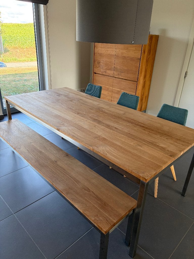 Ethnicraft Teak Essential eettafel + bijhorende zitbank, Huis en Inrichting, Tafels | Eettafels, Ophalen, Gebruikt, 100 tot 150 cm