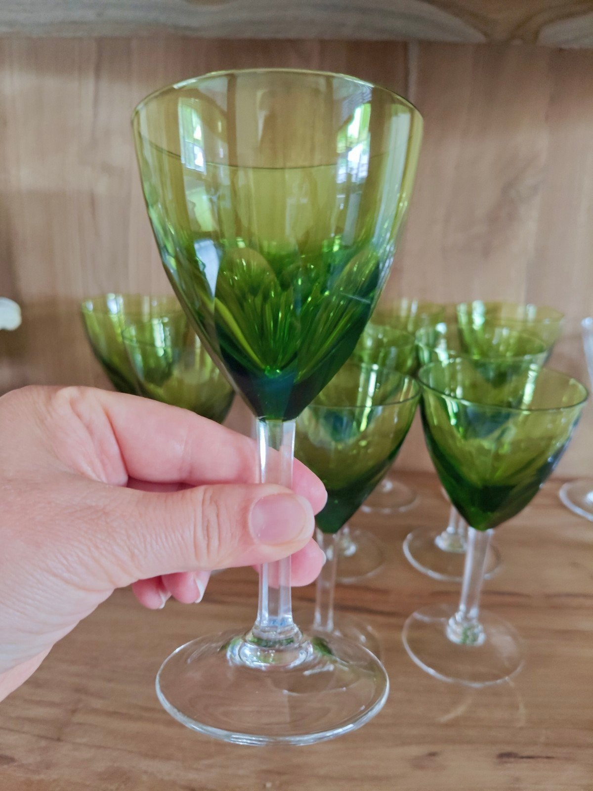 Set van 10 vintage groene kristallen glazen, 14,5 см., Ophalen of Verzenden