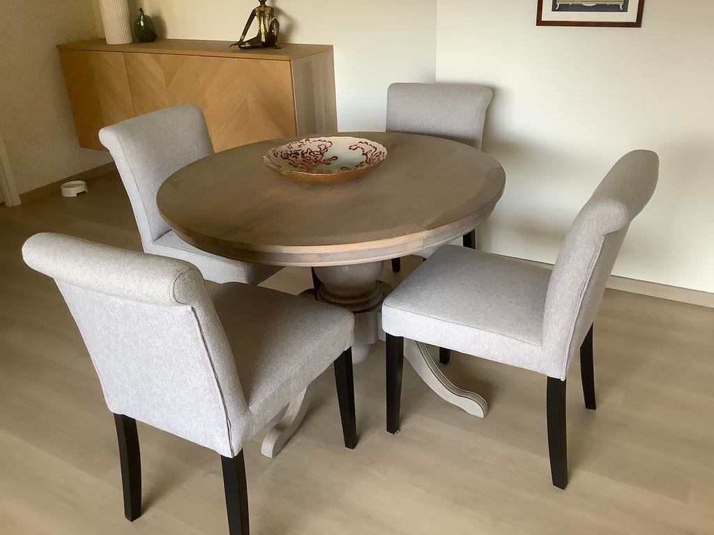 eetkamertafel + 4 stoelen, Huis en Inrichting, Tafels | Eettafels, Ophalen, Rond, Vijf personen of meer, Overige houtsoorten