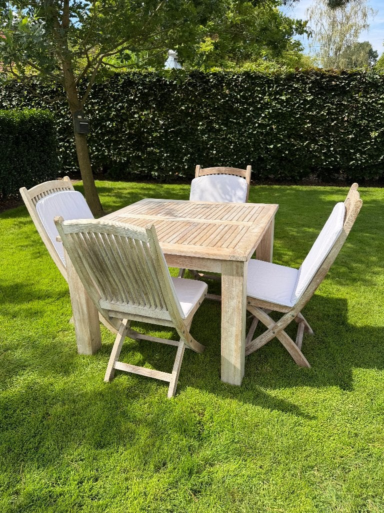 massieve teak tafel met 4 stoelen, Ophalen, Gebruikt, Teakhout, 4 zitplaatsen