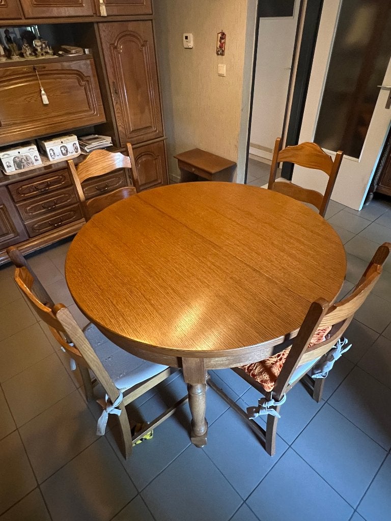 Uitschuifbare ronde eettafel + 4 stoelen, Ophalen, Gebruikt, Eikenhout, Vijf personen of meer