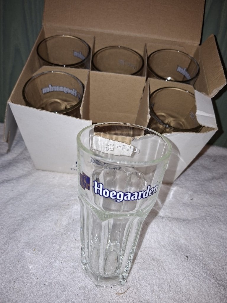 6 oude glazen Hoegaarden, nieuwstaat, Verzamelen, Ophalen of Verzenden, Nieuw, Glas of Glazen, Overige merken