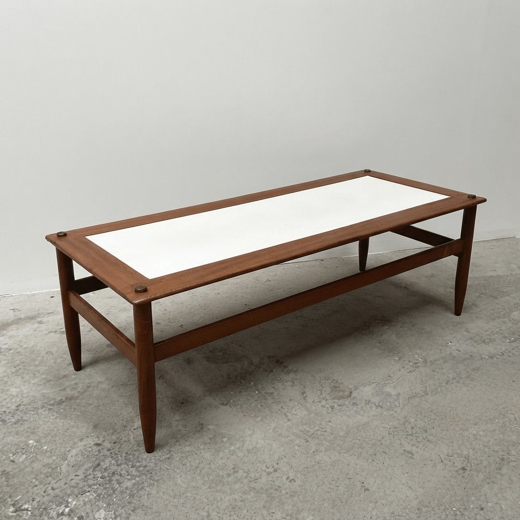 Vintage Mid Century Salontafel – Teak & Wit Formica, Enlèvement, Utilisé, Mid Century